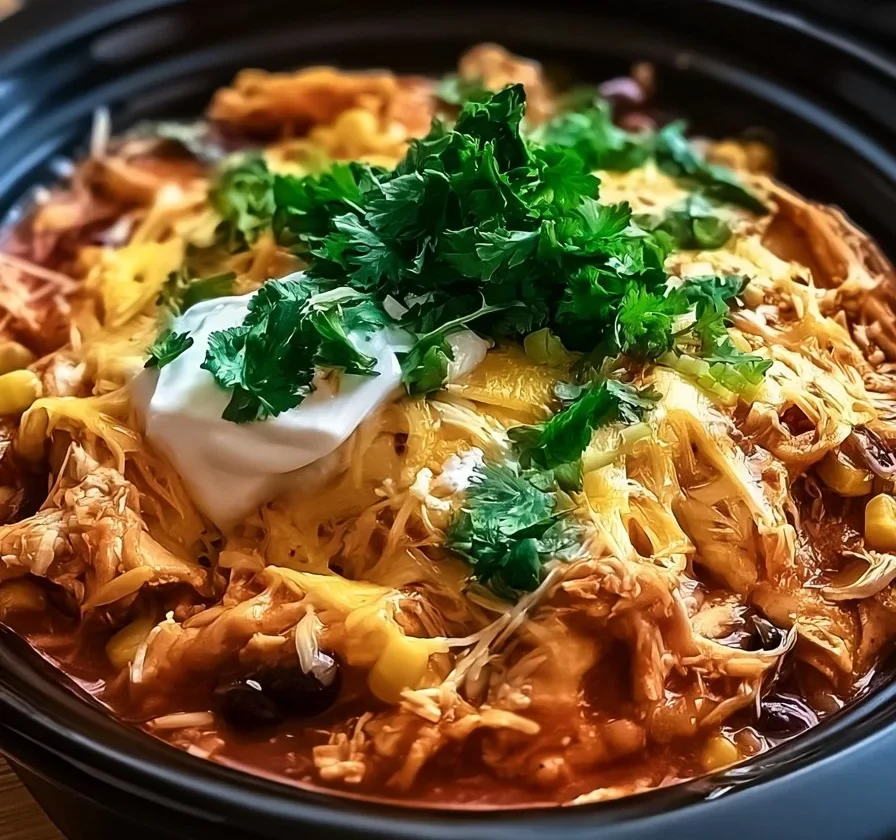 Casseruola di enchilada di pollo cotta in crockpot con formaggio fuso e salsa