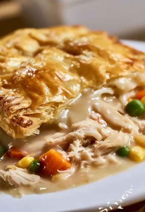Casseruola di pollo con crosta di biscotti appena sfornata