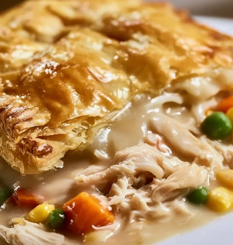 Casseruola di pollo con crosta di biscotti appena sfornata