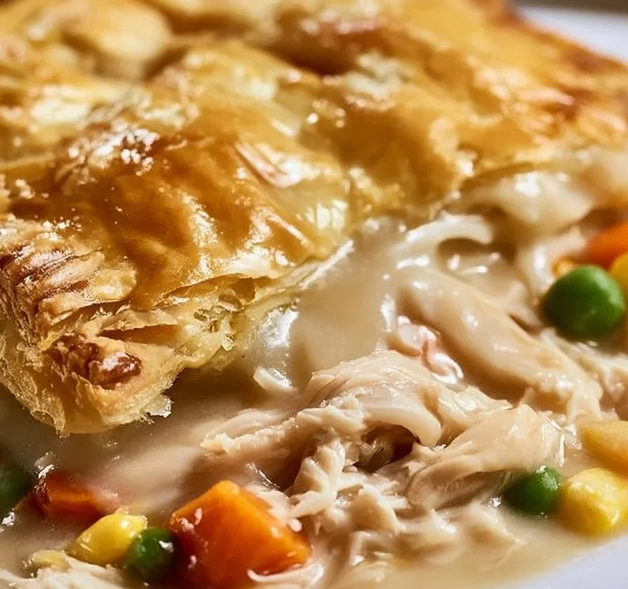 Casseruola di pollo con crosta di biscotti appena sfornata