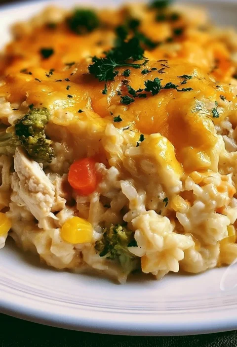 Casseruola di pollo e riso al formaggio appena sfornata