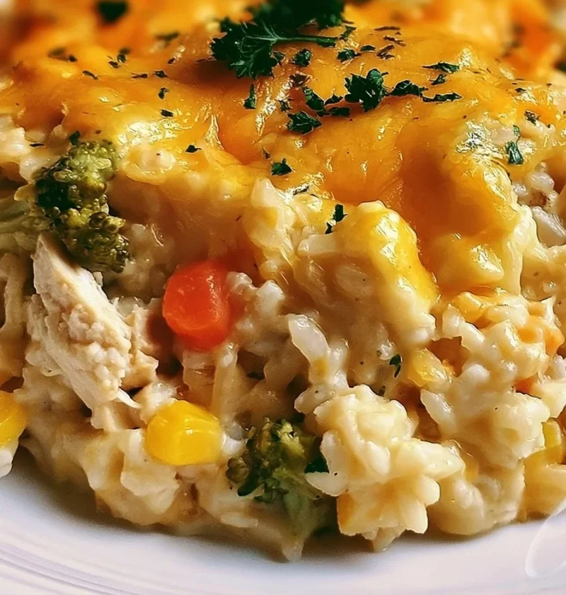 Casseruola di pollo e riso al formaggio appena sfornata