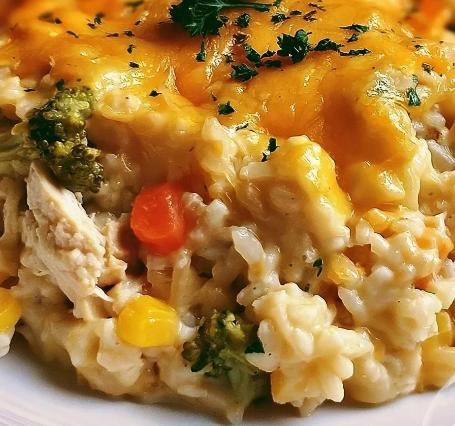 Casseruola di pollo e riso al formaggio appena sfornata