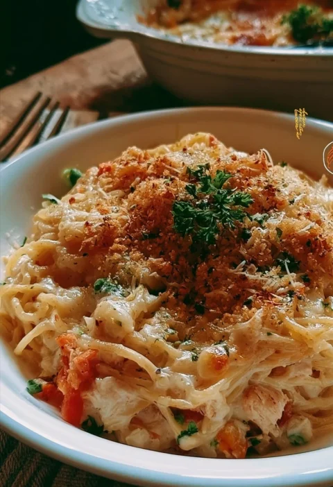 Casseruola di spaghetti con pollo servita in una pirofila colorata