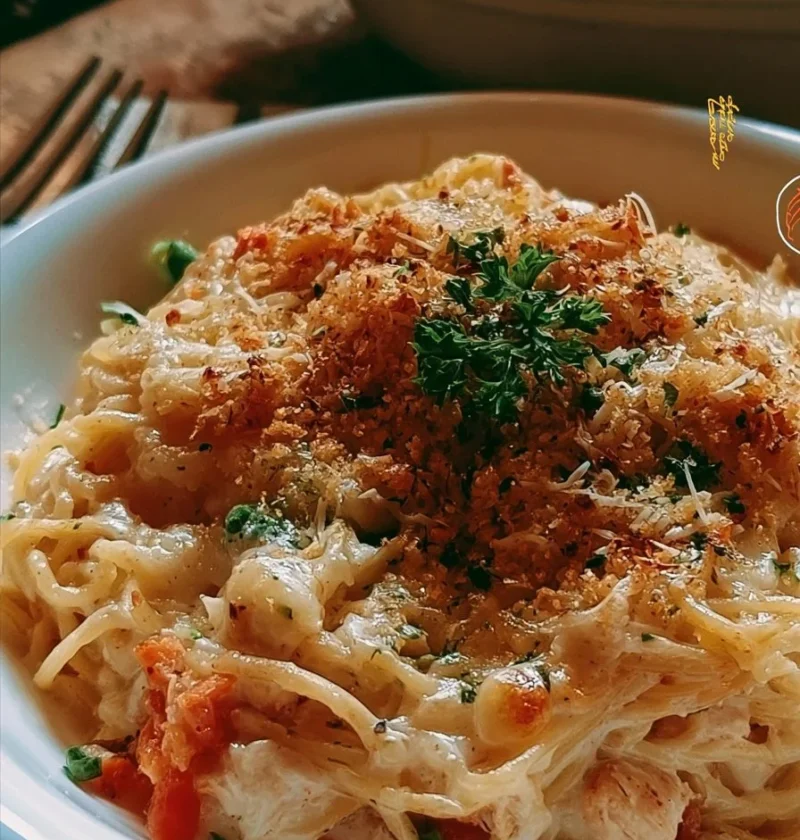 Casseruola di spaghetti con pollo servita in una pirofila colorata