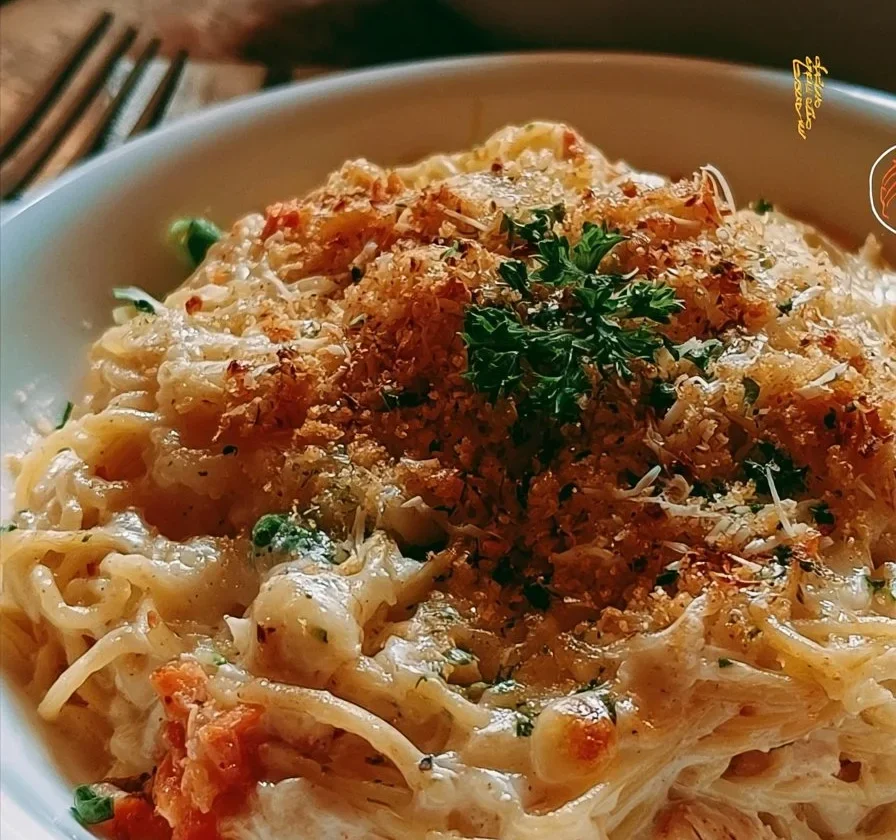 Casseruola di spaghetti con pollo servita in una pirofila colorata