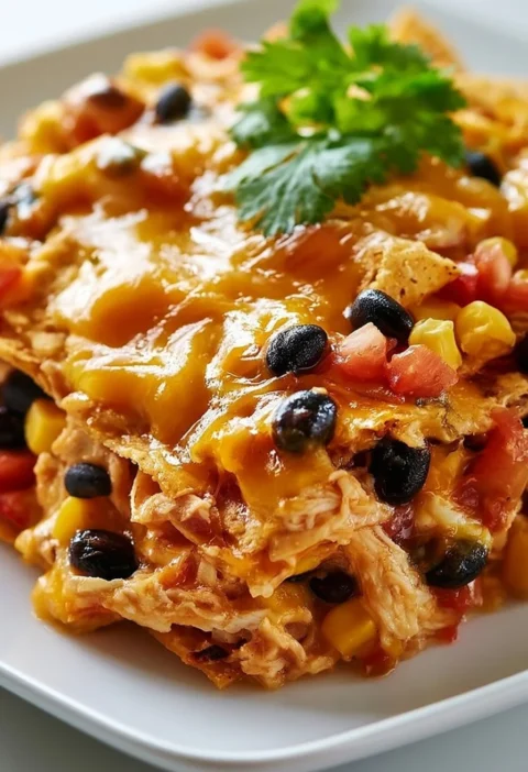 Casseruola Messicana di Pollo Facile in un piatto con ingredienti freschi.