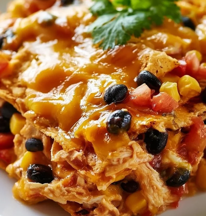 Casseruola Messicana di Pollo Facile in un piatto con ingredienti freschi.