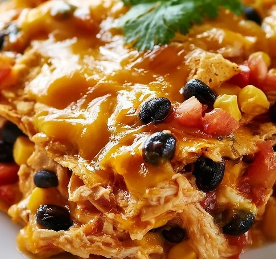 Casseruola Messicana di Pollo Facile in un piatto con ingredienti freschi.
