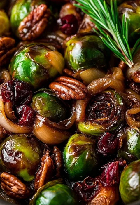 Cavoletti di Bruxelles glassati con mele, cipolle e noci pecan in un piatto gourmet