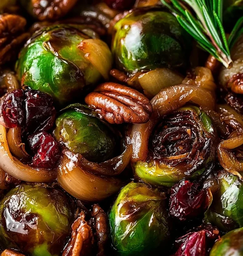 Cavoletti di Bruxelles glassati con mele, cipolle e noci pecan in un piatto gourmet