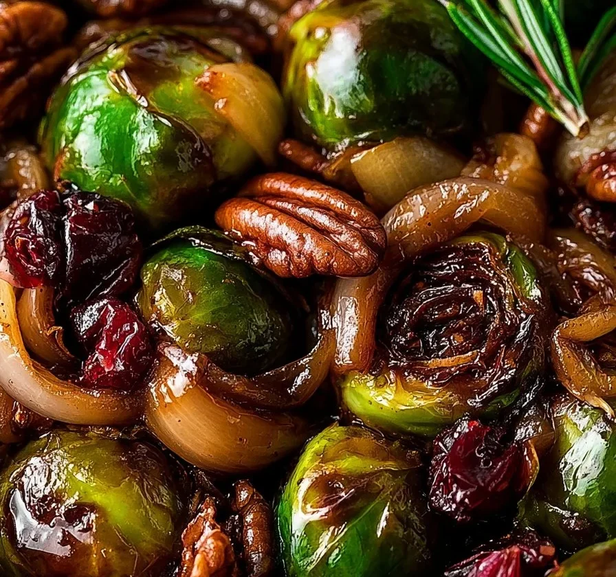 Cavoletti di Bruxelles glassati con mele, cipolle e noci pecan in un piatto gourmet