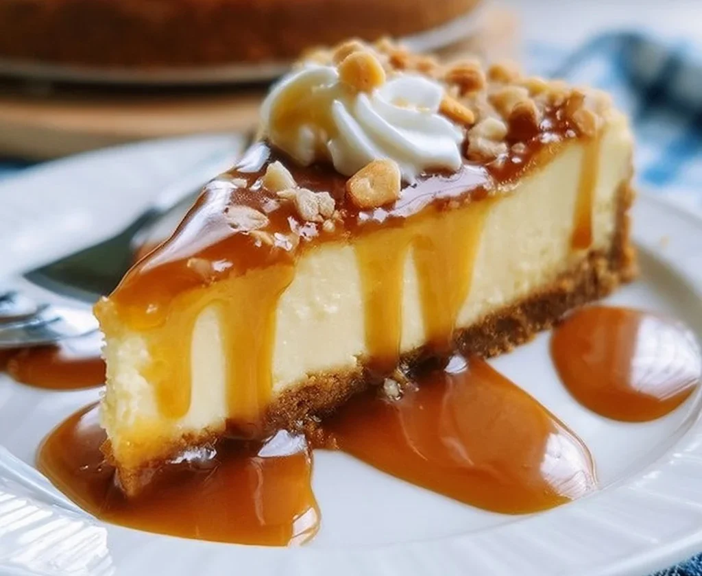 Delizioso Cheesecake al Caramello Salato decorato con salsa al caramello
