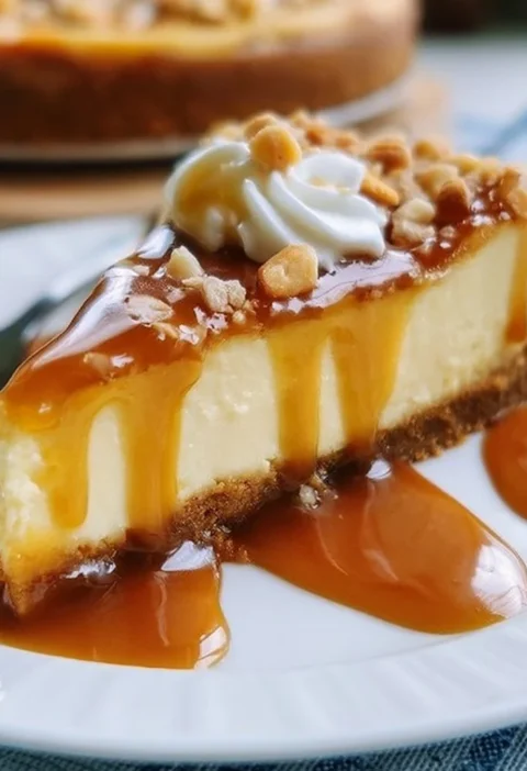 Delizioso Cheesecake al Caramello Salato decorato con salsa al caramello