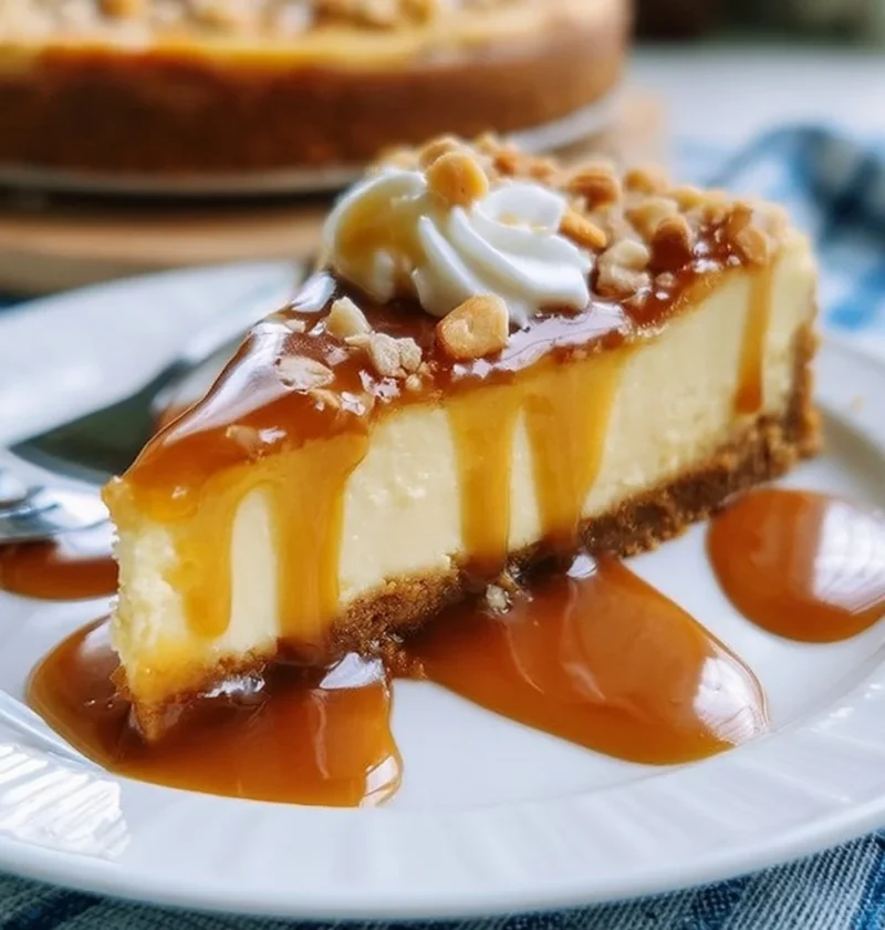 Delizioso Cheesecake al Caramello Salato decorato con salsa al caramello