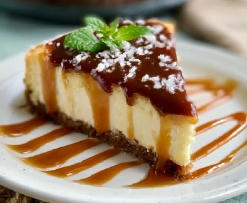 Cheesecake al Caramello Salato con salsa di caramello e guarnizione croccante.