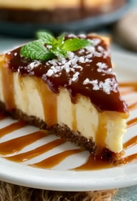 Cheesecake al Caramello Salato con salsa di caramello e guarnizione croccante.