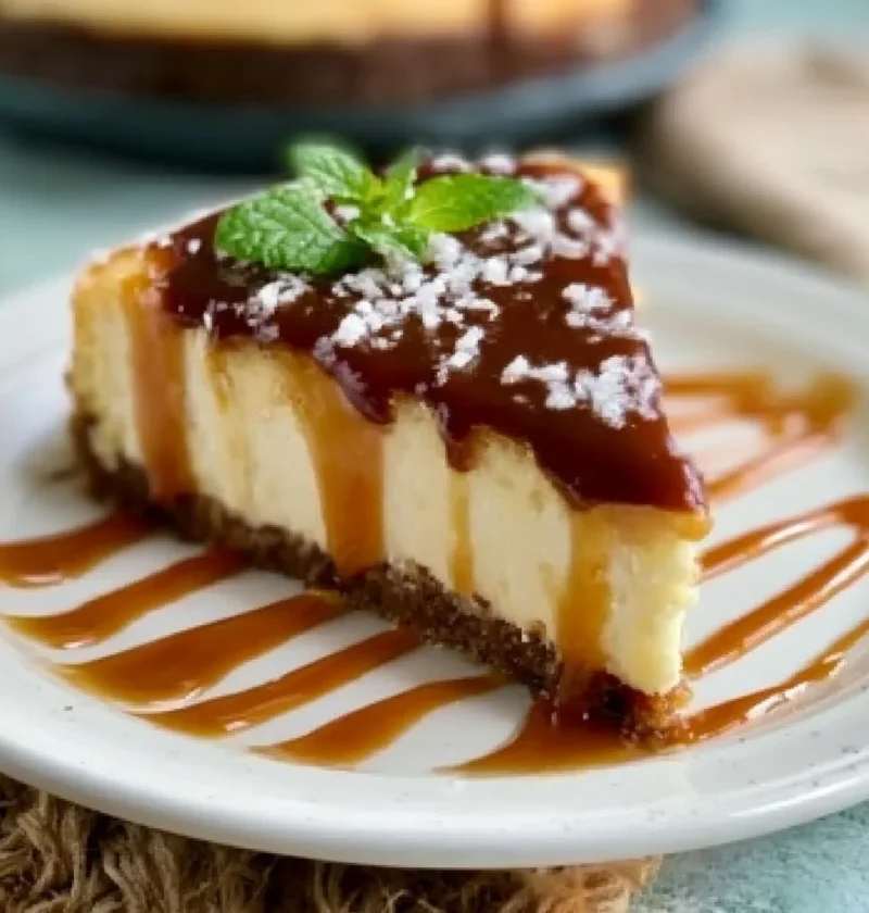 Cheesecake al Caramello Salato con salsa di caramello e guarnizione croccante.