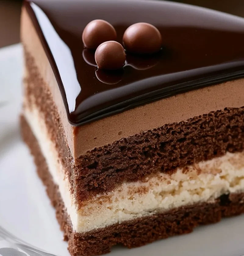 Fetta di cheesecake tiramisù decorata con cacao e biscotti.