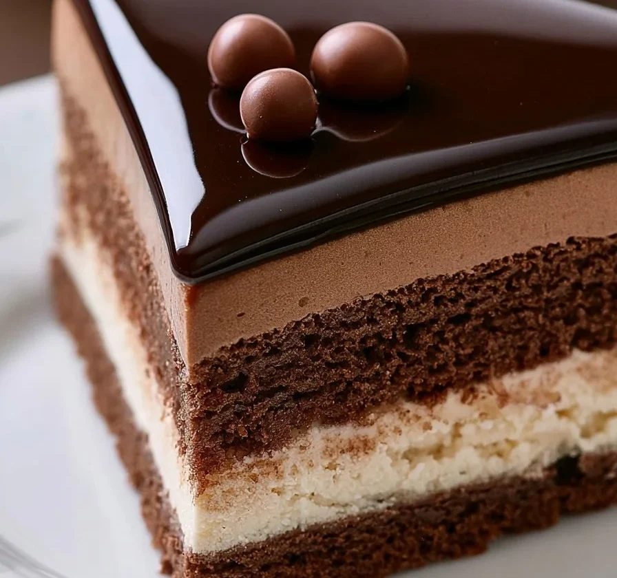 Fetta di cheesecake tiramisù decorata con cacao e biscotti.
