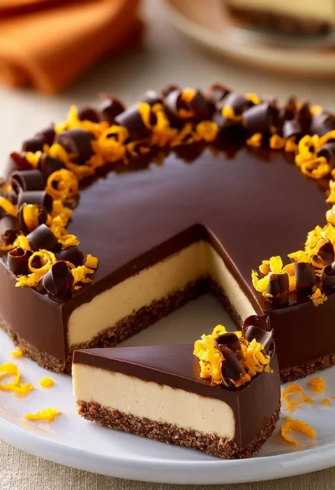 Cheesecake arancia e cioccolato decorato con fette d'arancia
