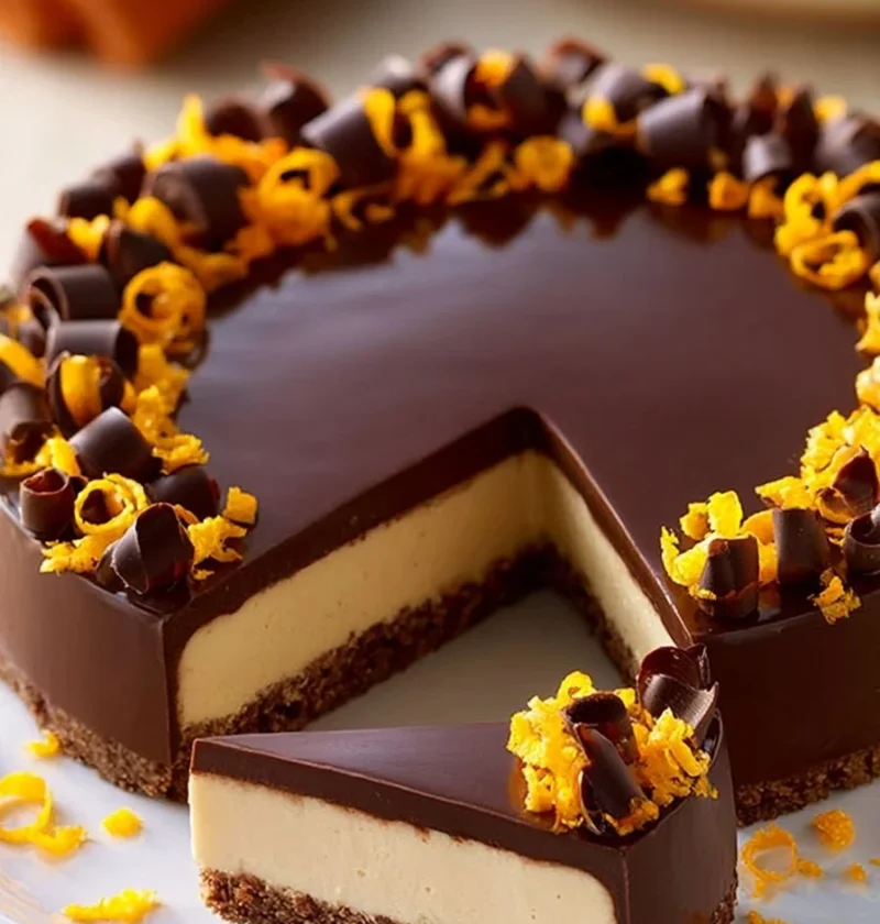 Cheesecake arancia e cioccolato decorato con fette d'arancia