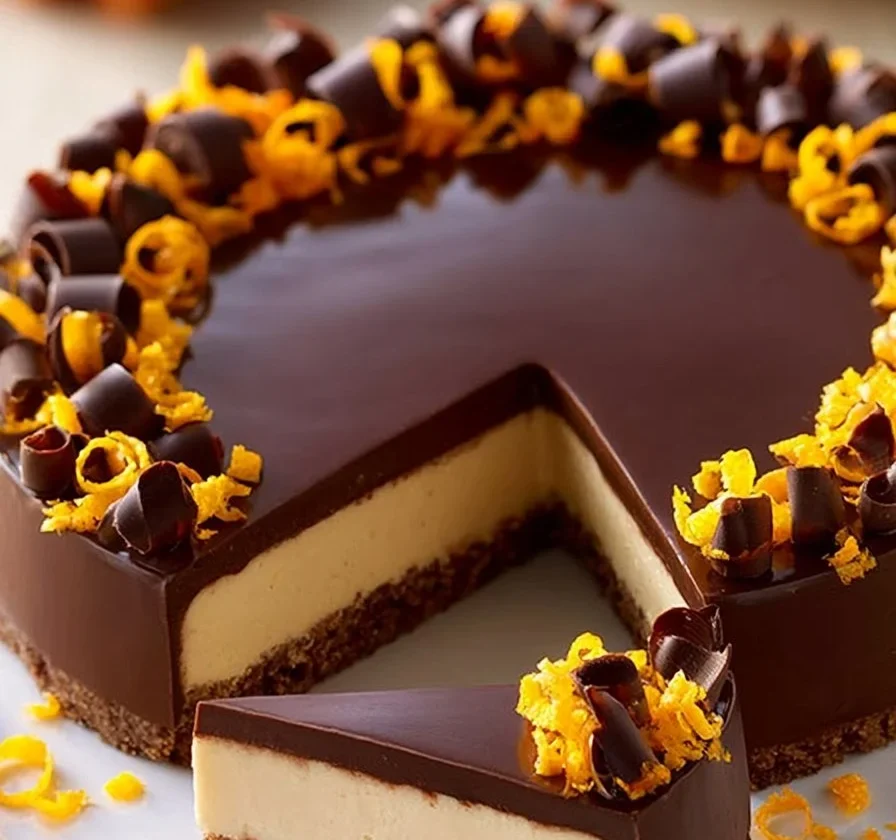 Cheesecake arancia e cioccolato decorato con fette d'arancia