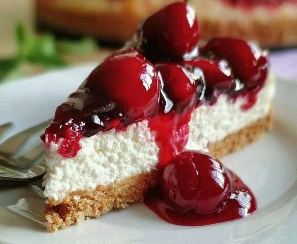 Cheesecake di Ricotta e Ciliegie servita su un piatto decorativo