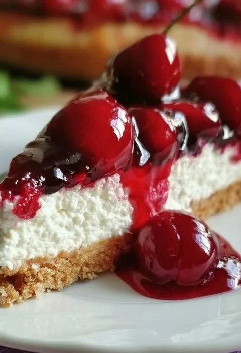 Cheesecake di Ricotta e Ciliegie servita su un piatto decorativo