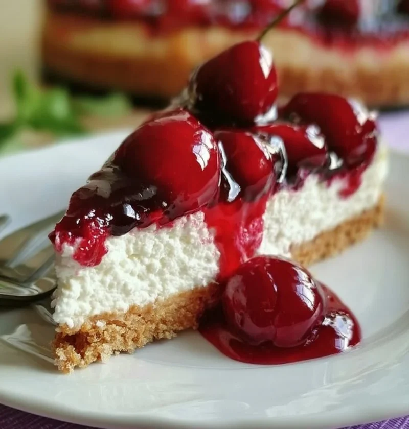 Cheesecake di Ricotta e Ciliegie servita su un piatto decorativo