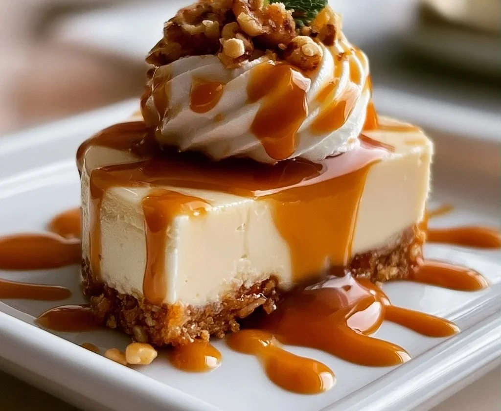 Cheesecake con crosta di noci caramellate su piatto bianco