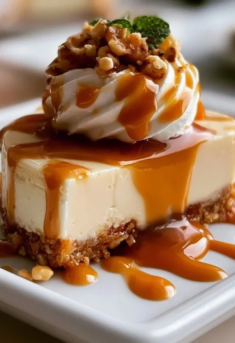 Cheesecake con crosta di noci caramellate su piatto bianco