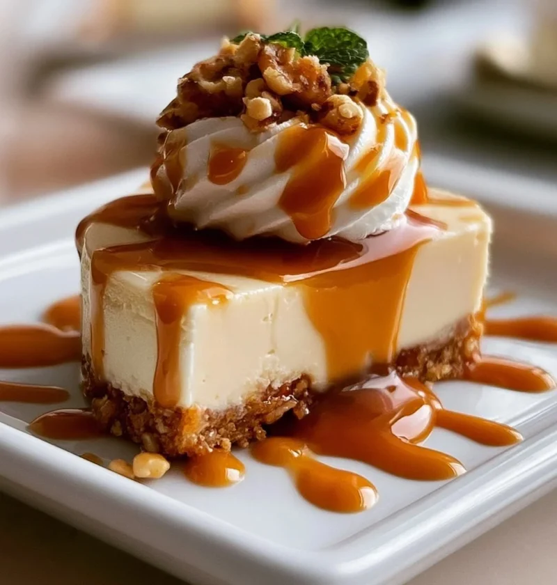 Cheesecake con crosta di noci caramellate su piatto bianco