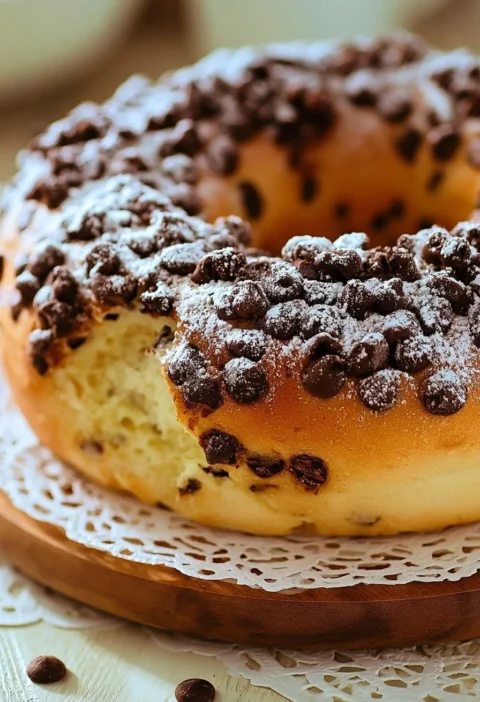 Ciambella per colazione con gocce di cioccolato su un piatto