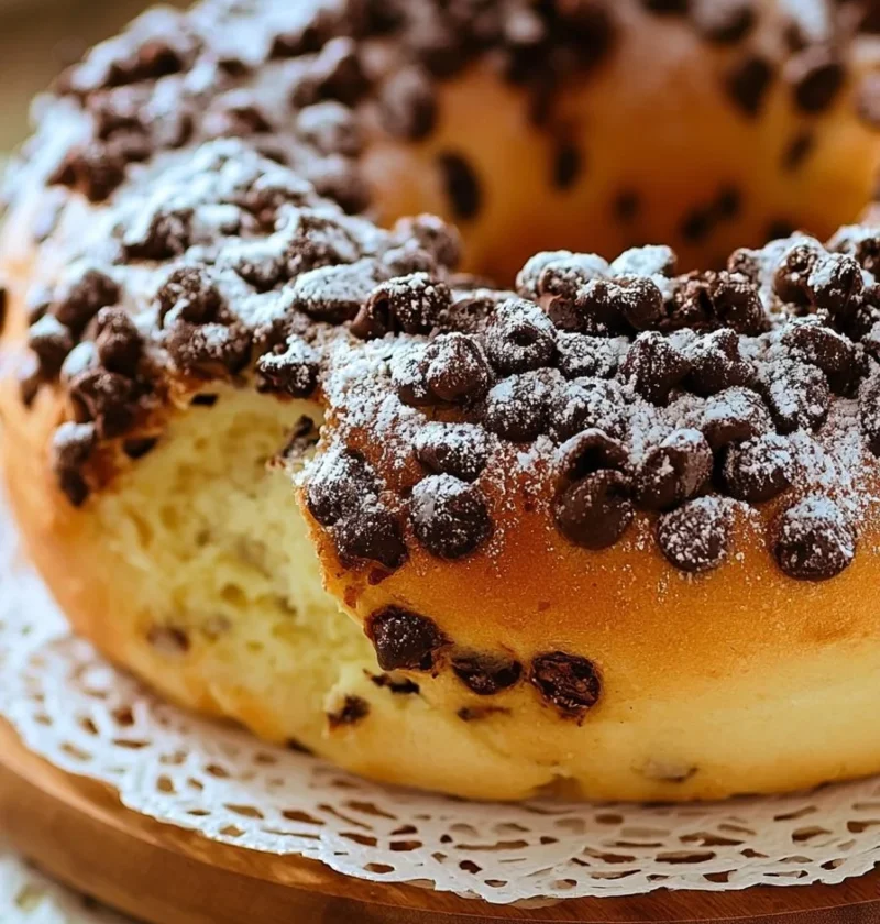 Ciambella per colazione con gocce di cioccolato su un piatto