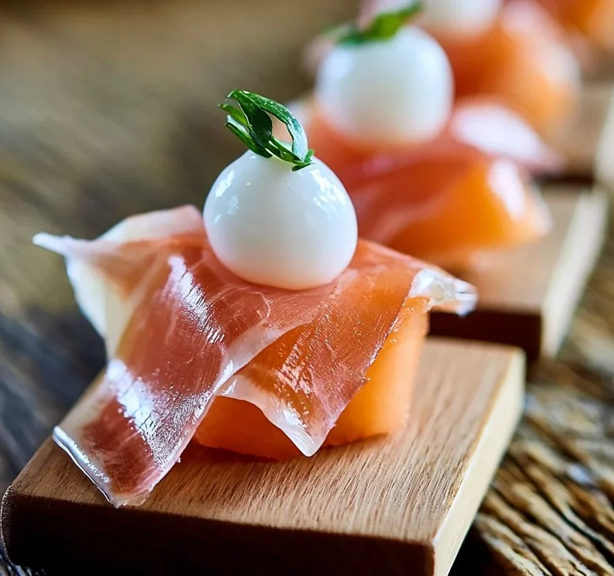 Ciarcia prosciutto con melone e mozzarella servito su un piatto elegante