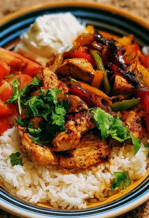 Ciotole di riso con fajitas di pollo pronte da servire
