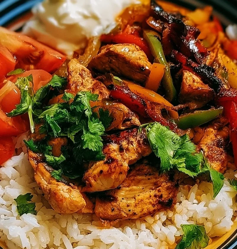 Ciotole di riso con fajitas di pollo pronte da servire