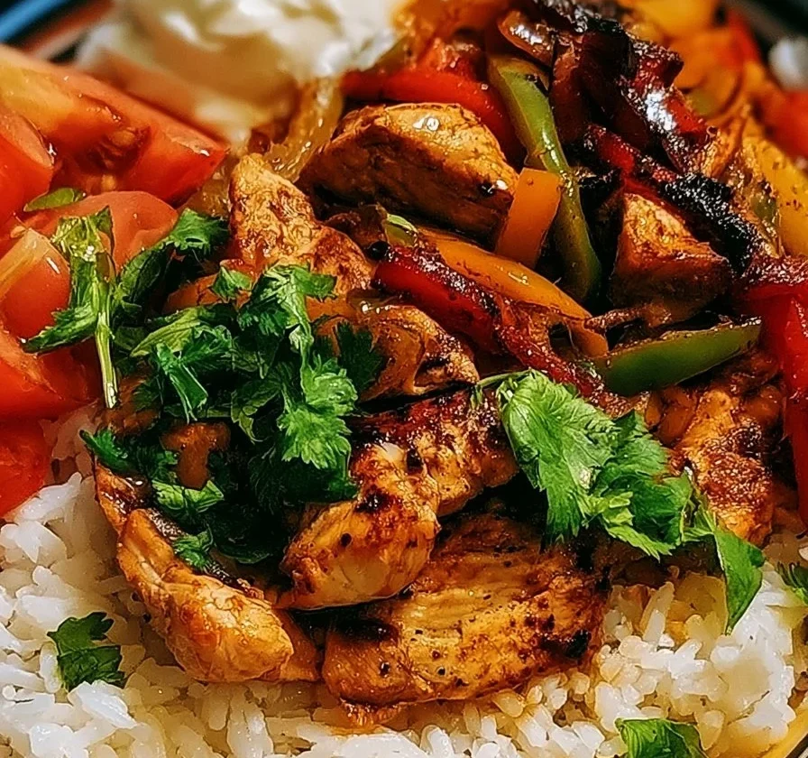 Ciotole di riso con fajitas di pollo pronte da servire