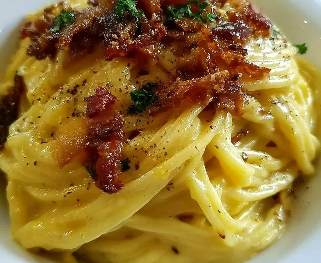 Piatto di Classica Carbonara con guanciale, uova e formaggio