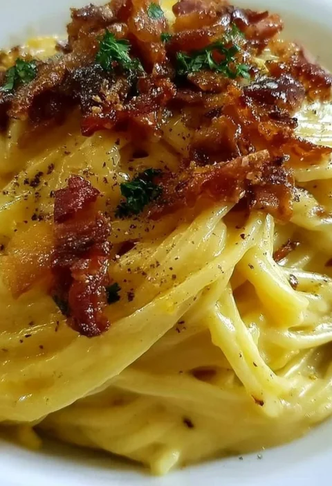 Piatto di Classica Carbonara con guanciale, uova e formaggio