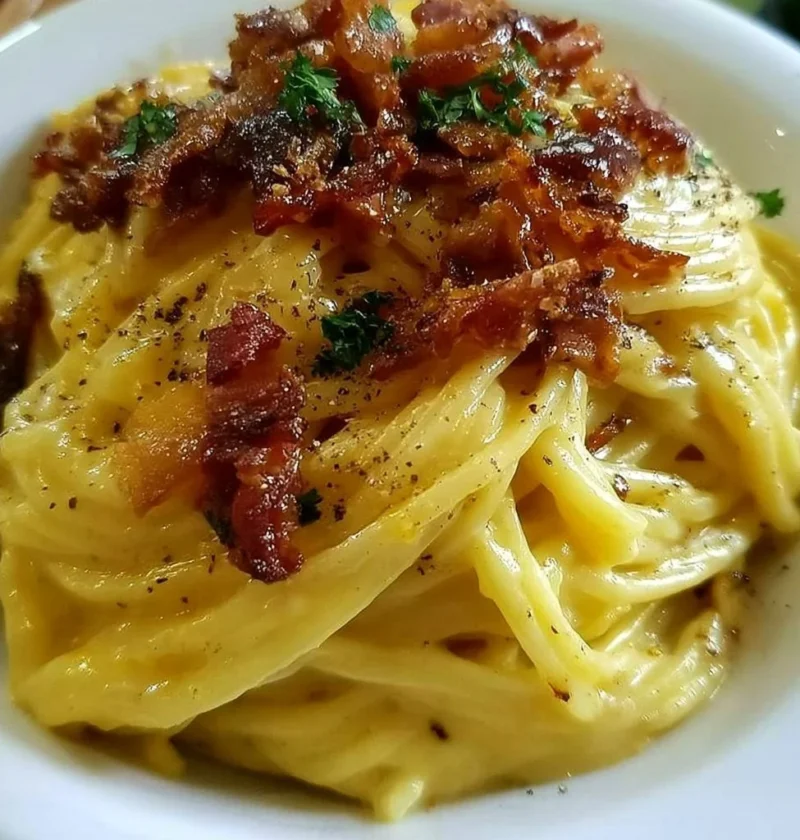 Piatto di Classica Carbonara con guanciale, uova e formaggio