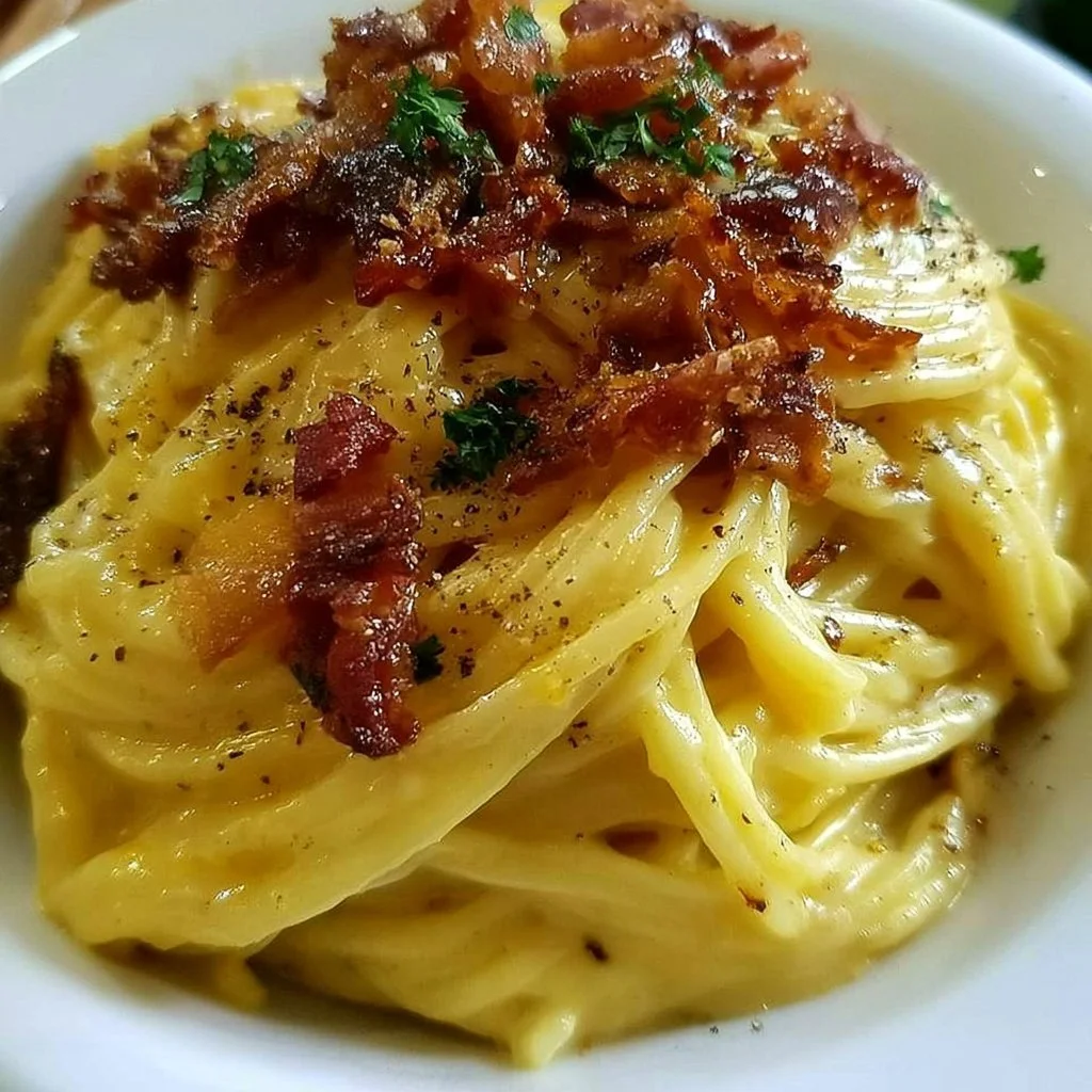 Piatto di Classica Carbonara con guanciale, uova e formaggio