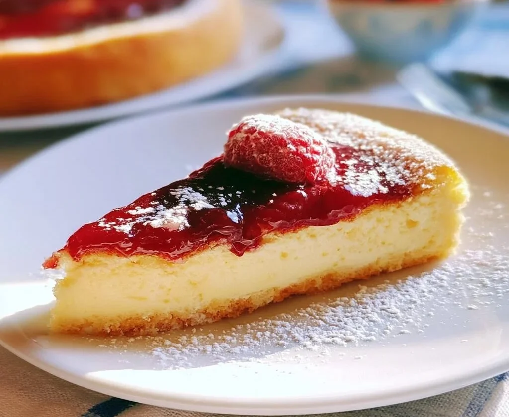 Torta cremosa di yogurt greco con confettura di lamponi