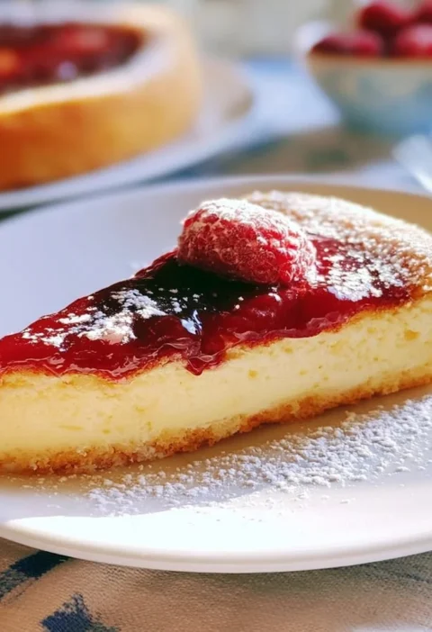 Torta cremosa di yogurt greco con confettura di lamponi