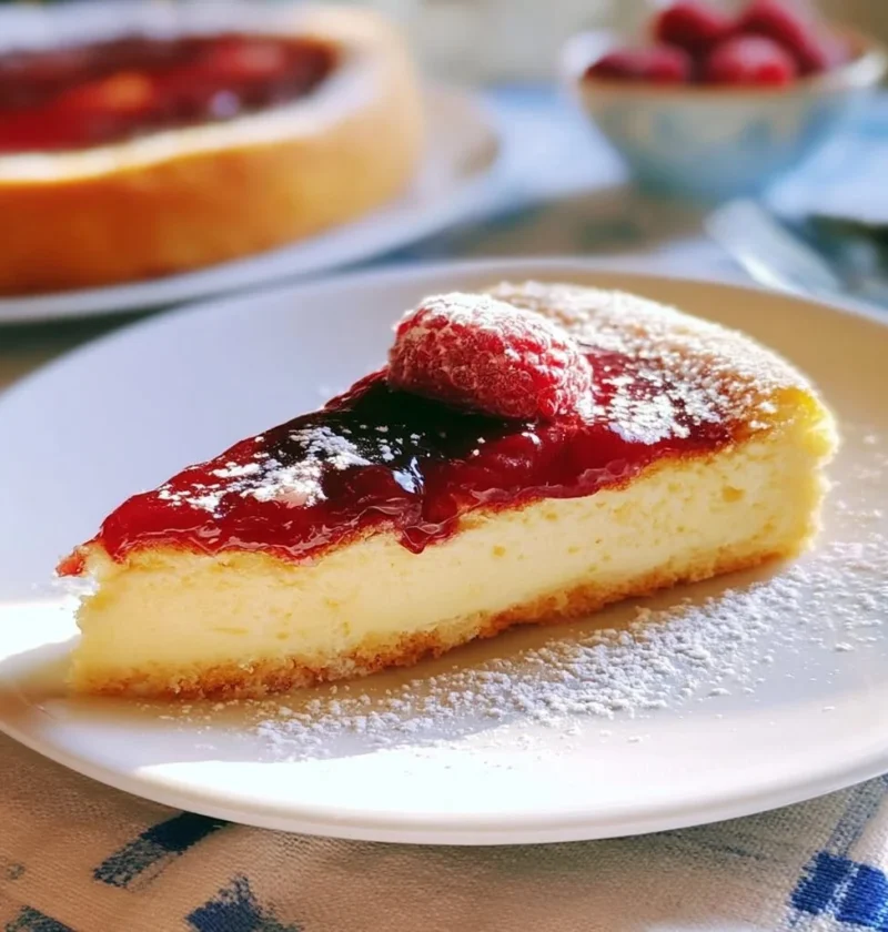 Torta cremosa di yogurt greco con confettura di lamponi