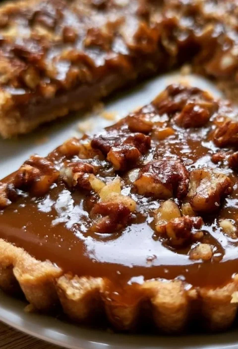 Crostata alle noci e caramello salato, un dolce goloso e raffinato.