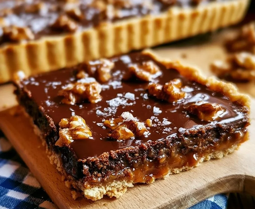 Crostata con cioccolato e noci al caramello salato, dolce italiano delizioso