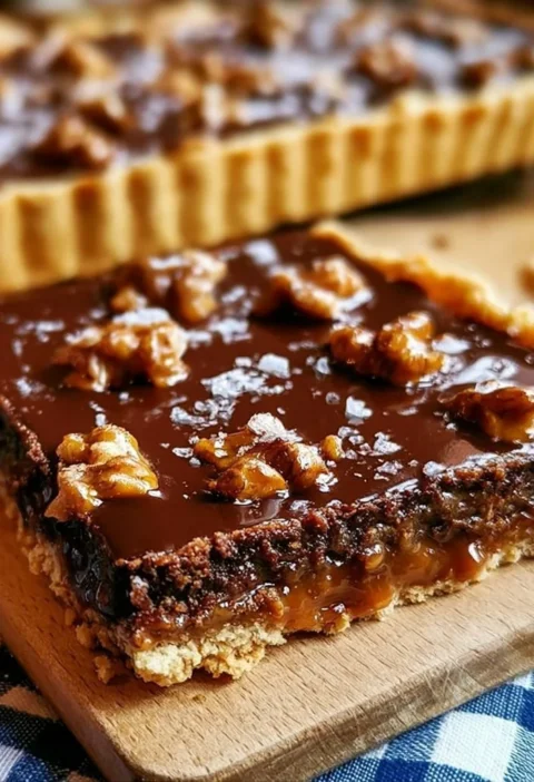 Crostata con cioccolato e noci al caramello salato, dolce italiano delizioso