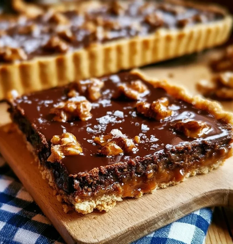 Crostata con cioccolato e noci al caramello salato, dolce italiano delizioso